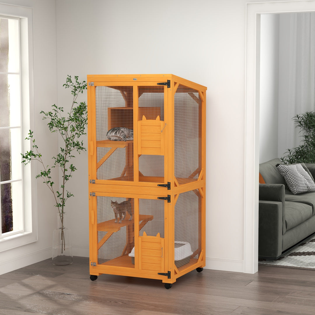 PawHut Catio Outdoor, Elevated Design, with Wheels, Resting Box, Water-Resistant, Multi Platforms, Orange