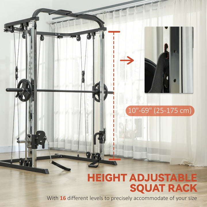 Soozier 3 In 1 Smith Machine Power Rack with Cable Crossover System, Pull up Station, 16-Level Squat Rack and Barbell Bar