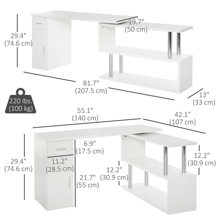 HOMCOM L-Shaped Rotating Computer Desk Home Office Study Workstation with Storage Shelves, Cabinet and Drawer for Home & Office, White