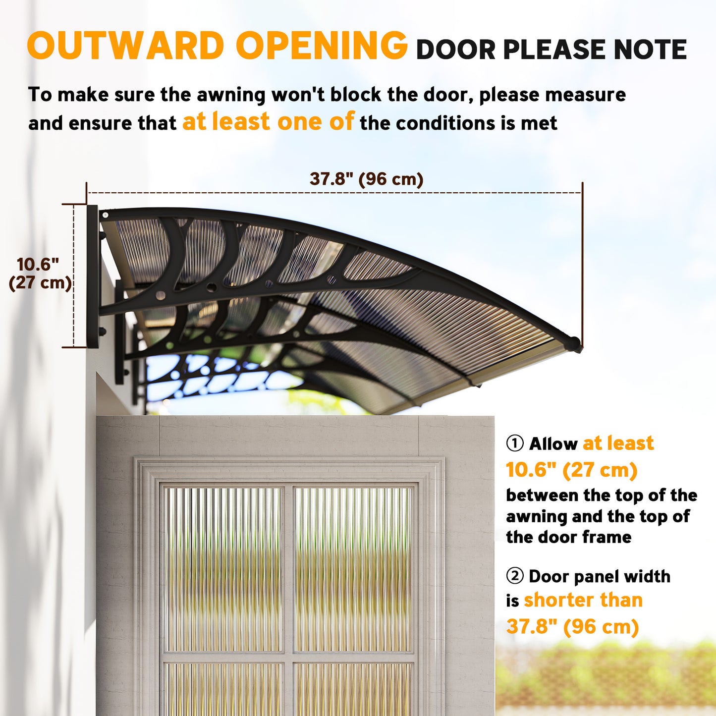 Outsunny Window Awning Door Canopy, Polycarbonate Front Door Outdoor Patio Cover, Sun Shelter, Hollow Sheet for UV, Rain, Snow and Sunlight Protection, Brown, 40" x 80"