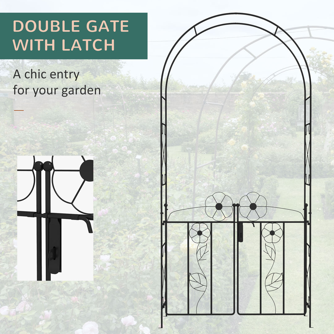 Outsunny 7.5FT Metal Garden Arbour with Double Gate, Arch Trellis for Climbing Vine Plants, Outdoor Wedding, Decoration, Black
