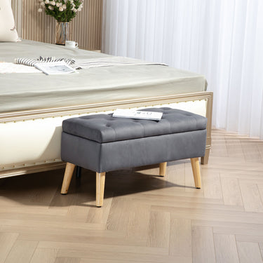 HOMCOM Storage Ottoman with Lid, Velvet Upholstered Storage Bench with Wood Legs for Living Room, Charcoal Grey