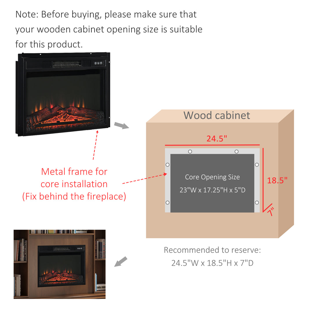 HOMCOM 23" Electric Fireplace Insert for Wooden Cabinet, Recessed Fireplace Heater with Realistic Log Flames, Adjustable Brightness, 1400W, Black