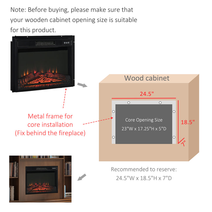 HOMCOM 23" Electric Fireplace Insert for Wooden Cabinet, Recessed Fireplace Heater with Realistic Log Flames, Adjustable Brightness, 1400W, Black