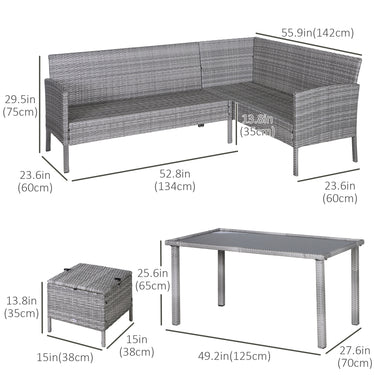 Outsunny 5 Pieces Wicker Patio Conversation Dining Furniture Set with Cushions, Table and Ottomans, Bright Blue