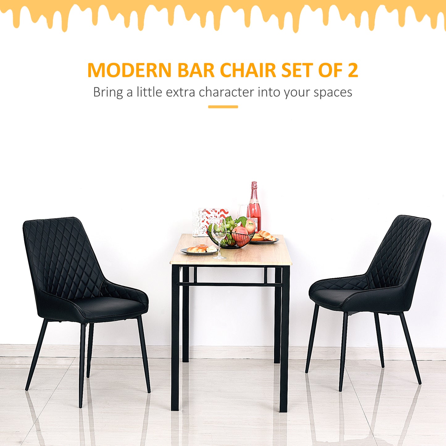 HOMCOM Upholstered Kitchen Chairs, Modern Dining Chairs Set of 2 with Diamond Tufting and Steel Legs for Dining Room, Black