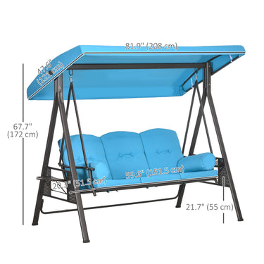 Outsunny Outdoor Patio 3-Person Steel Canopy Cushioned Seat Bench Swing with Included Side Trays & Padded Comfort, Light Blue