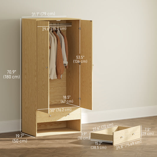 HOMCOM Modern Wardrobe Closet Armoire with 2 Drawers and Hanging Rod, Clothes Storage Organizer for Bedroom, Natural Wood