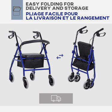 HOMCOM Folding Aluminum Rollator Walker with Adjustable Handle Height, Cushioned Flip Up Seat and Convenient Storage Bag, Rolling Wheels with 2 Barker, Blue