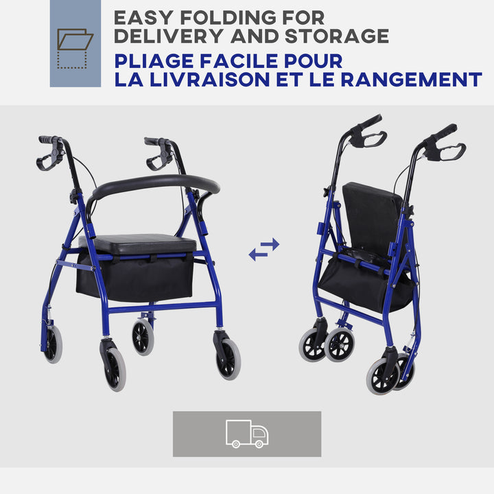 HOMCOM Folding Aluminum Rollator Walker with Adjustable Handle Height, Cushioned Flip Up Seat and Convenient Storage Bag, Rolling Wheels with 2 Barker, Blue