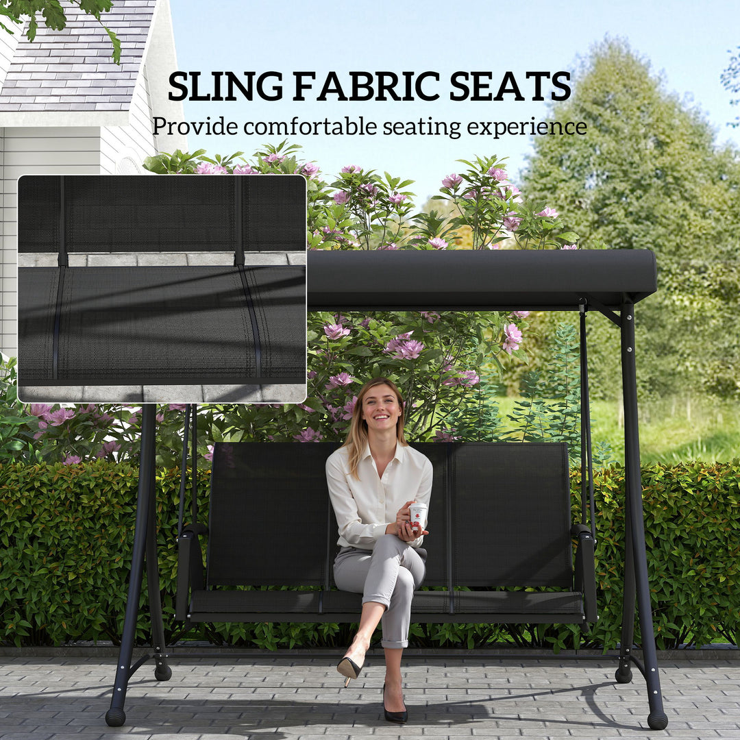 Outsunny 3 Person Porch Swing Outdoor Swing Chair with High Back Design, Side Pouches and Adjustable Canopy, Dark Grey