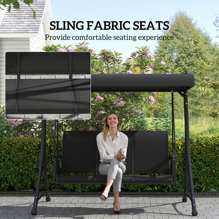Outsunny 3 Person Porch Swing Outdoor Swing Chair with High Back Design, Side Pouches and Adjustable Canopy, Dark Grey