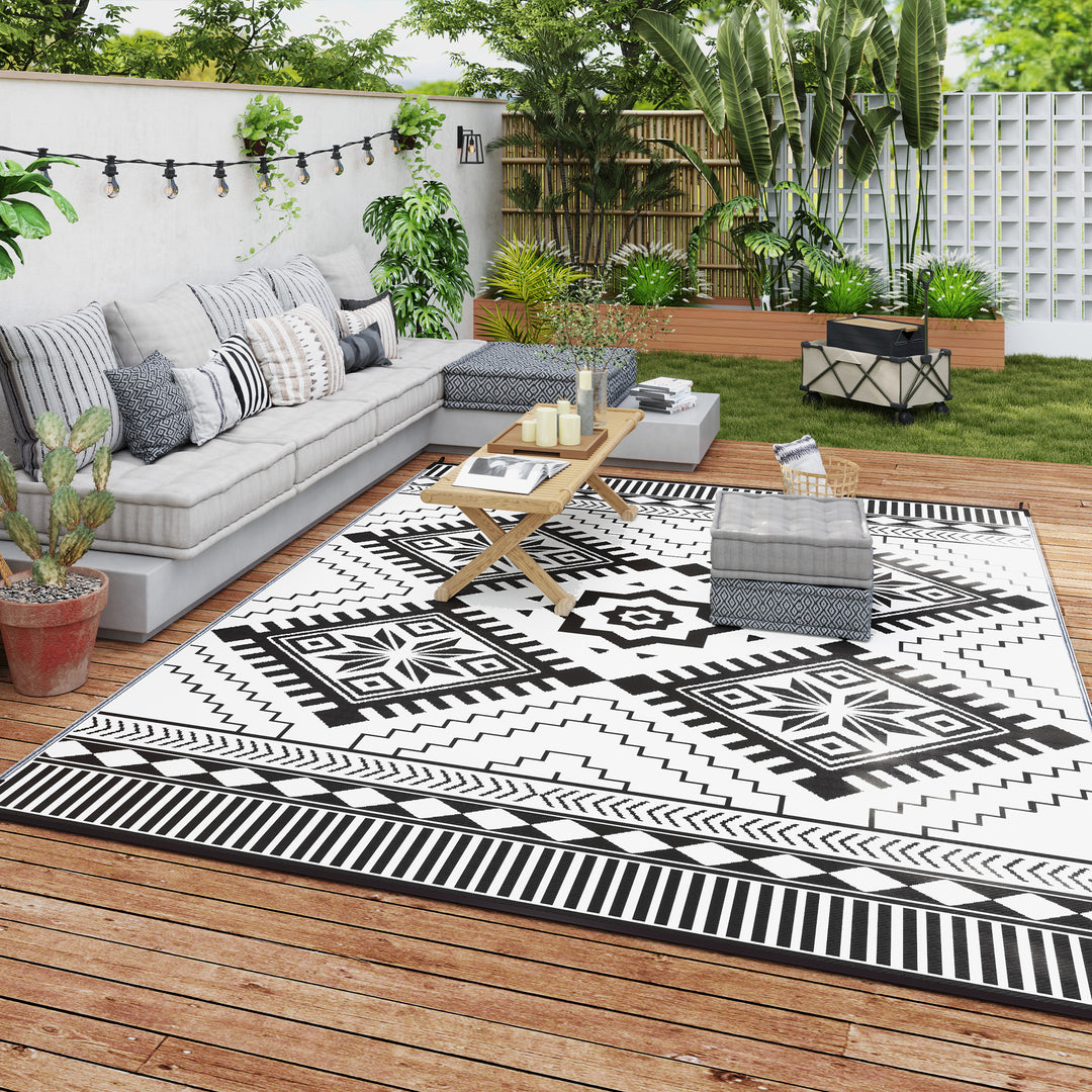 Outsunny 9' x 12' Outdoor RV Rug, Reversible Patio Floor Mat with Carry Bag, Toothed Rhombus, White and Black