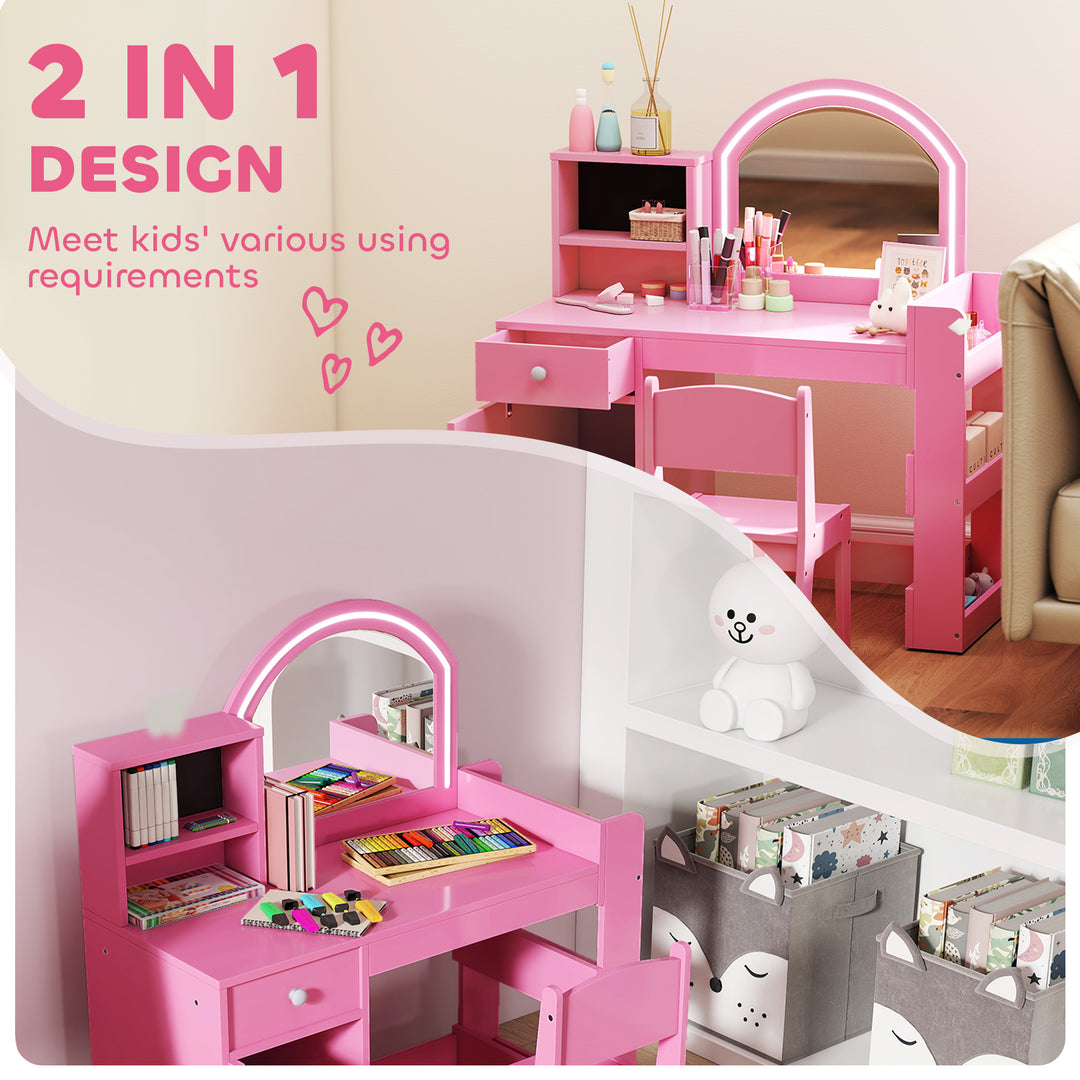 Qaba Kids Vanity Set, Toddler Dressing Table and Chair Set  with Lighted Mirror, Cabinet, Drawer and Shelves, White