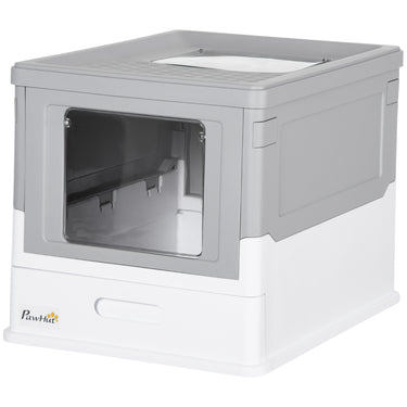 PawHut Top Entry Enclosed Kitty Litter Box with Scoop, Tray, Front Entry, Large Space, Foldable, Portable, Grey