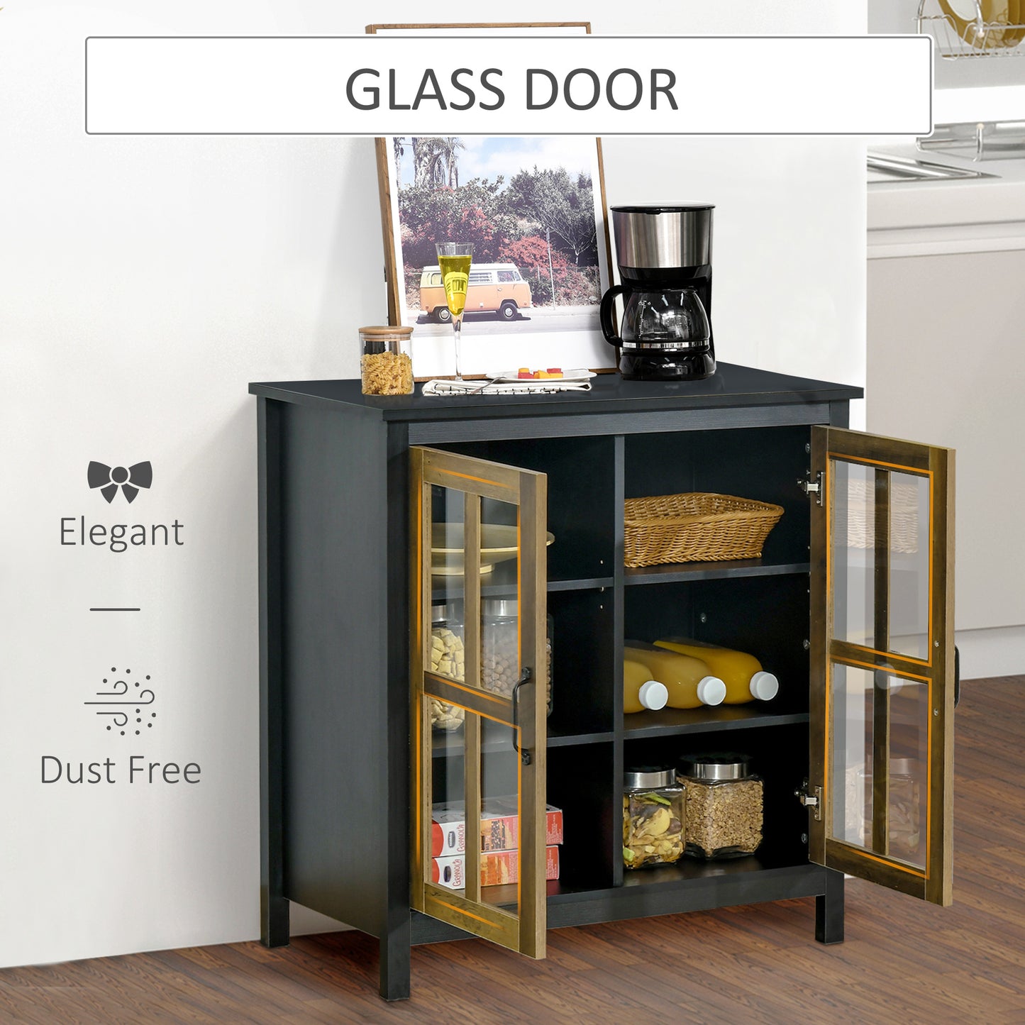 HOMCOM Kitchen Sideboard, Glass Door Buffet Cabinet, Accent Storage Cabinet with 2 Glass Doors and Adjustable Shelf for Dining Room, Living Room, Black Wood Grain
