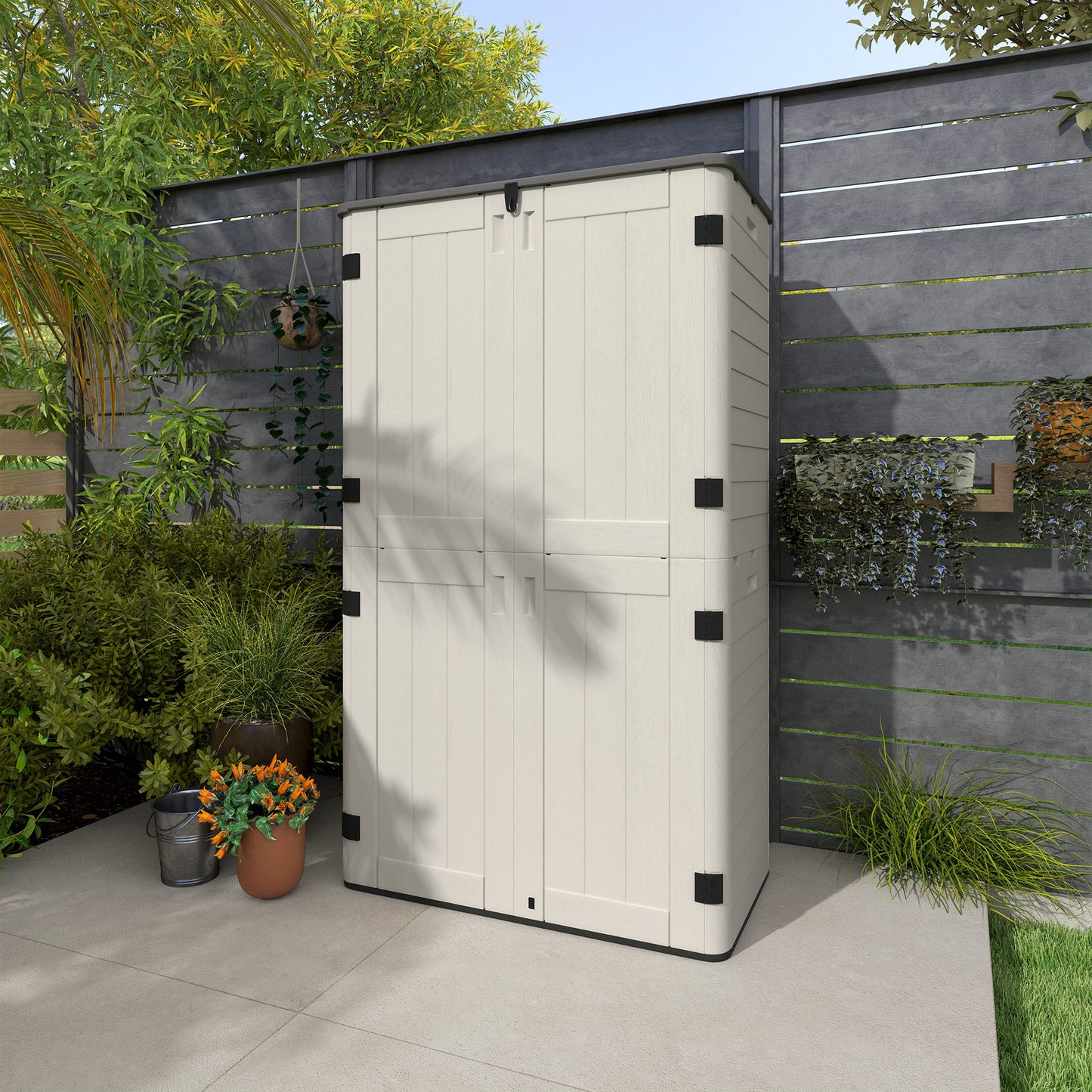 Outsunny 368 Gallon Outdoor Storage Cabinet with Openable Top and Lockable Doors for Lawnmower, Trash Can, Patio Accessories