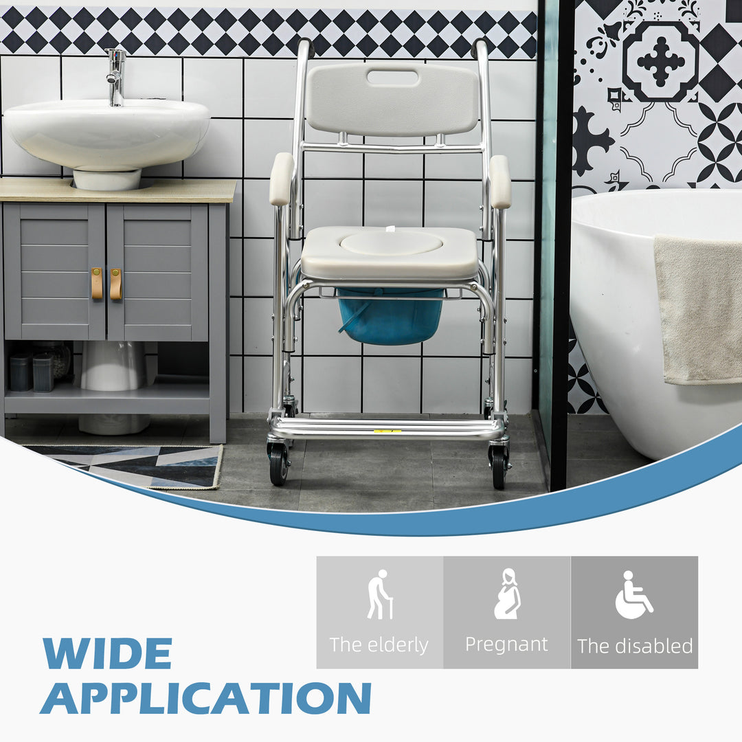 HOMCOM 3-in-1 Shower Commode Wheelchair, Transport Beside Commode Chair with Padded Seat for the Elderly, Disabled