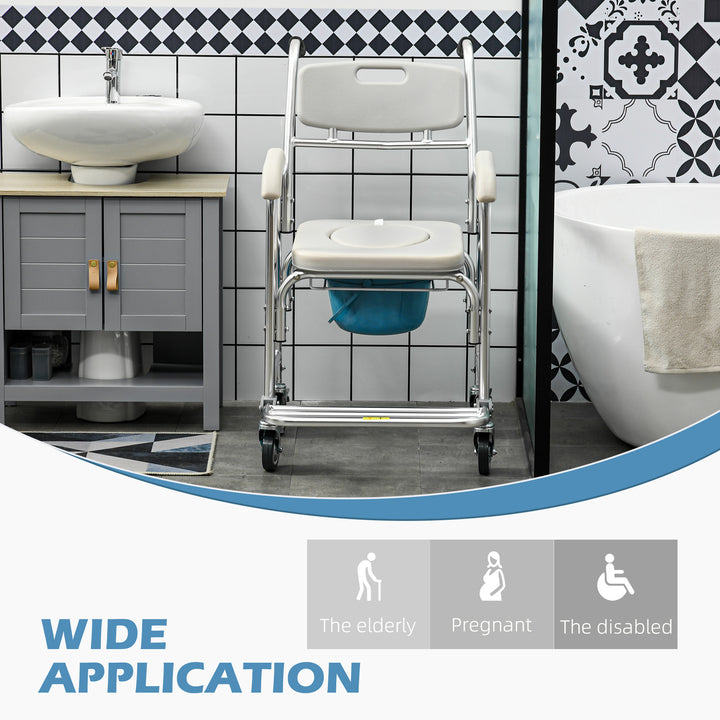 HOMCOM 3-in-1 Shower Commode Wheelchair, Transport Beside Commode Chair with Padded Seat for the Elderly, Disabled