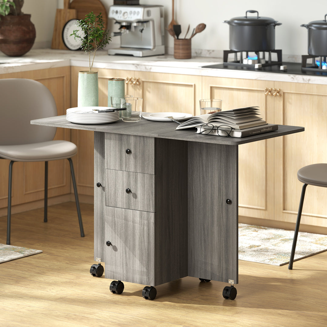 HOMCOM Foldable Dining Table, Rolling Kitchen Table with Storage Drawers and Cabinet, Drop Leaf Table on Wheels, Grey