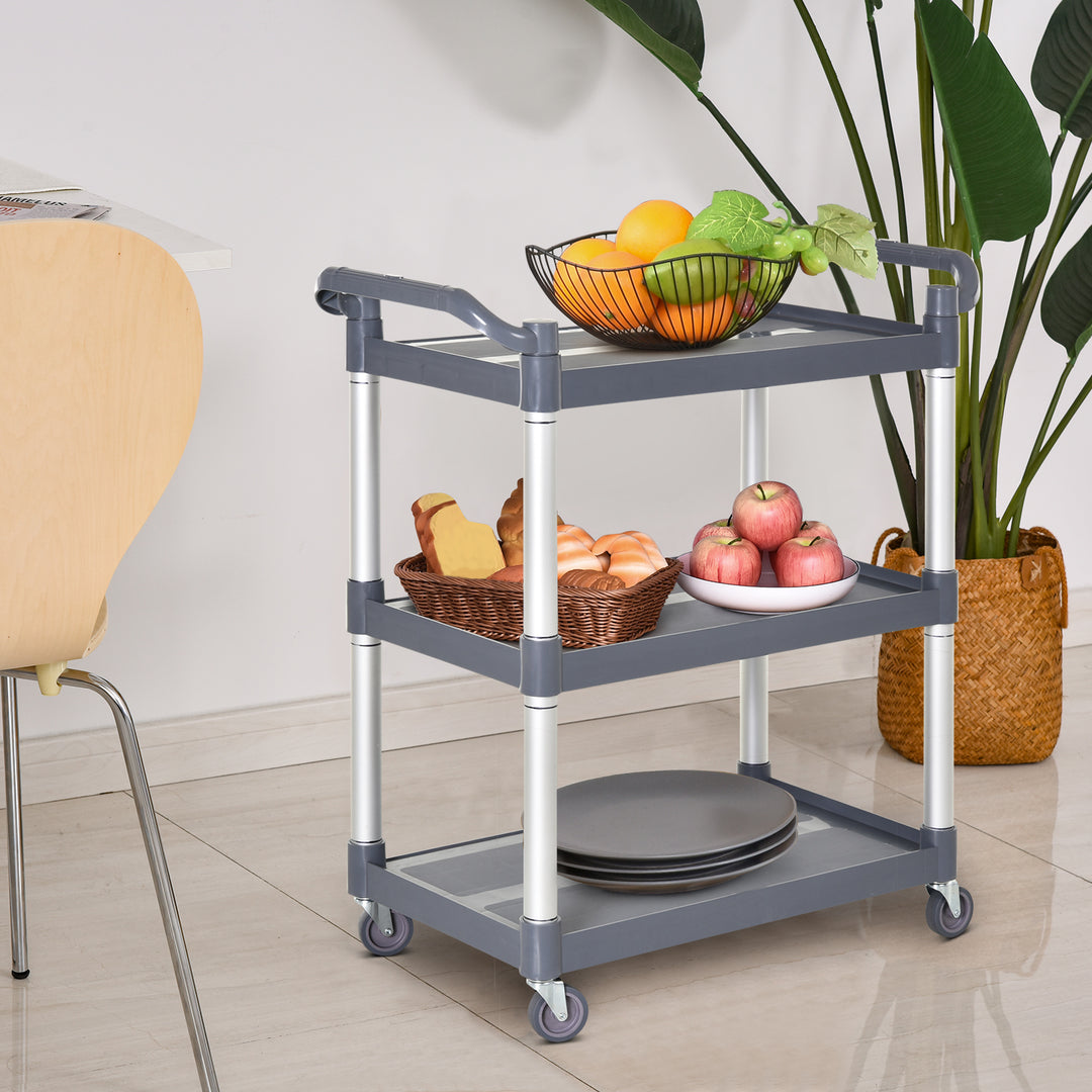 HOMCOM 3-Tier Utility Cart Large Rolling Storage Trolley with 3 Shelves Metal Clean Service Cart, Restaurant, Hotel, Livingroom, Silver and Grey