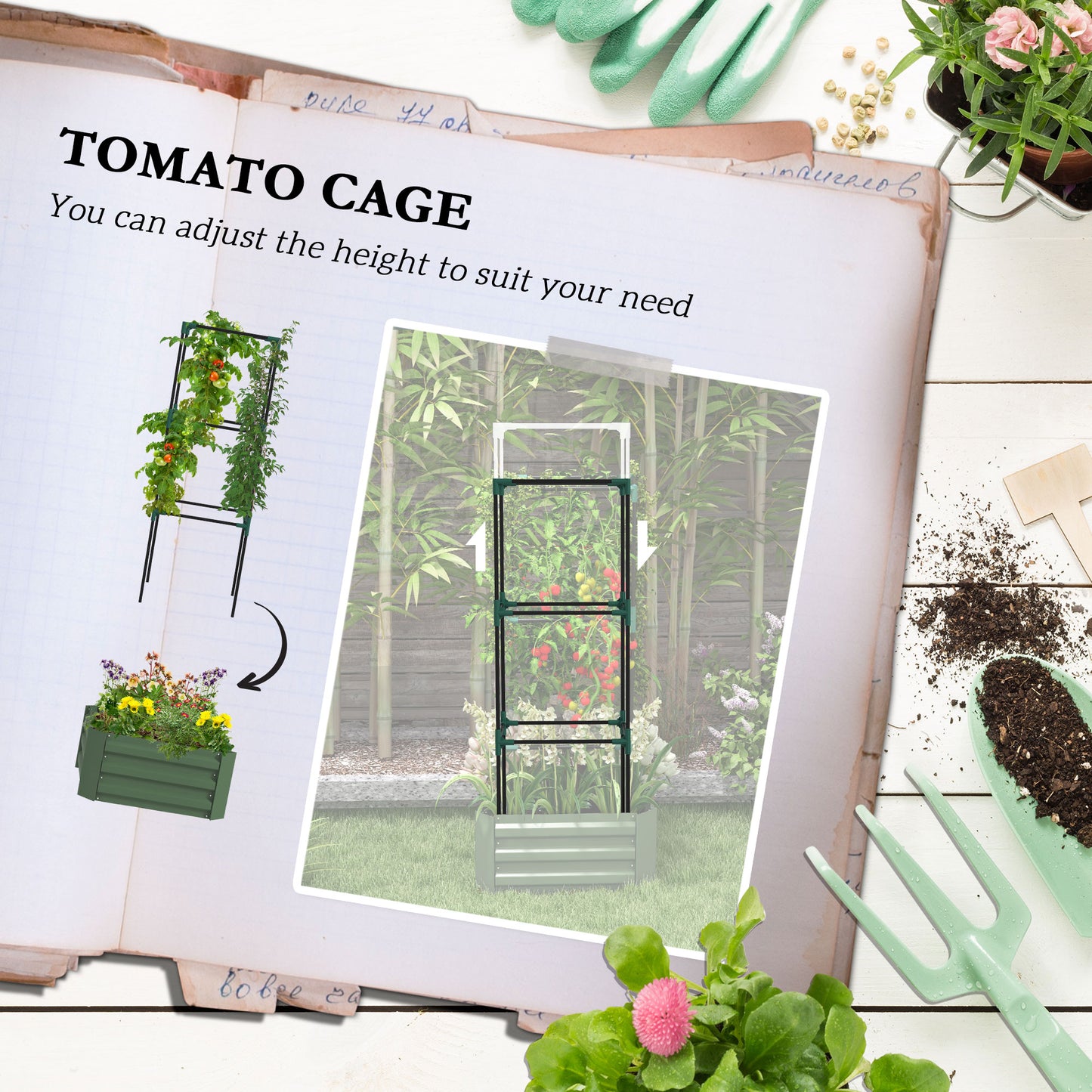 Outsunny Galvanized Planter Box, Outdoor Raised Garden Bed with 4-Tier Trellis Tomato Cage for Climbing Vines, Vegetables, Green