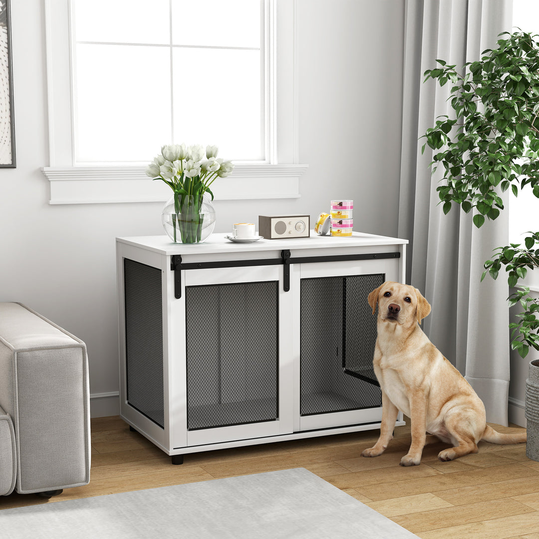 PawHut 39" Dog Crate Furniture with Sliding Barn Door, Furniture Style Dog Cage End Table for Large Dogs, White