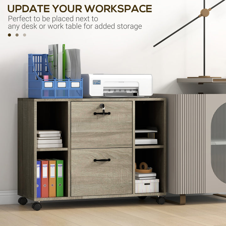 Vinsetto Lateral Filing Cabinet with Wheels and Lockable Drawer, File Cabinet, Mobile Printer Stand with Open Shelves for Letter and A4 Size Documents, Rustic Brown