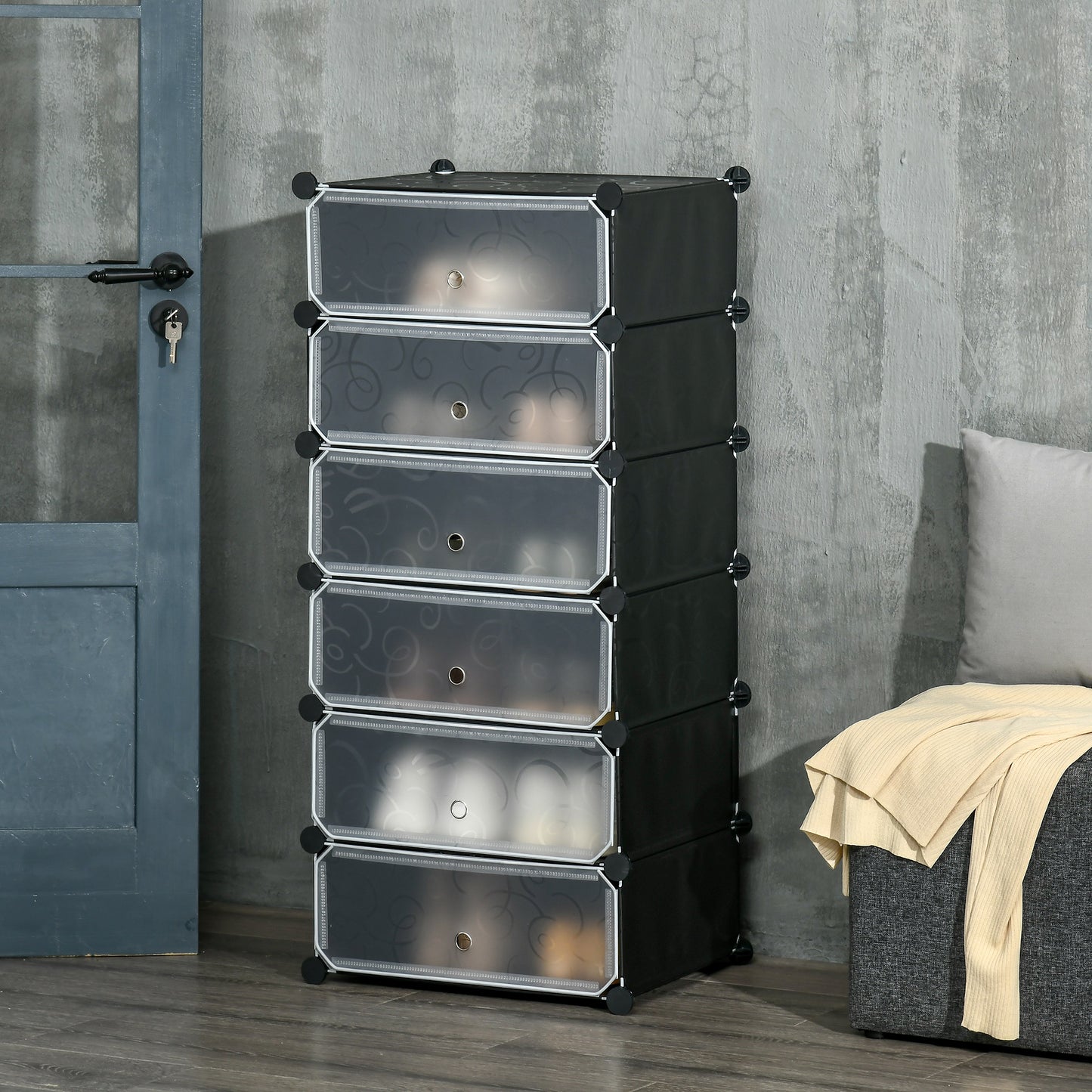 HOMCOM 6-Tier Shoe Rack, 6 Cube Storage Organizer with Doors, DIY 6-Cube Modular Cabinet for Living Room, Black