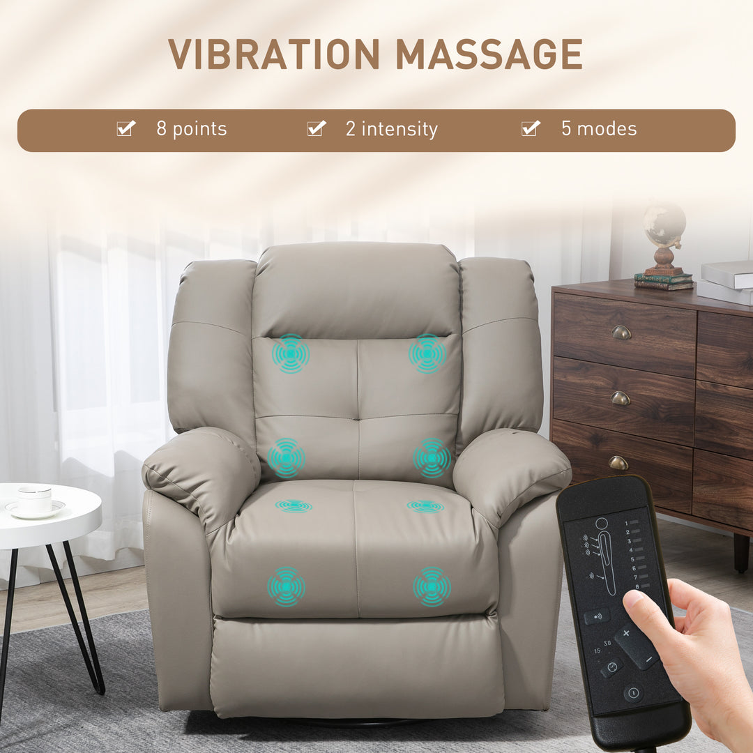 HOMCOM 8-Point Vibration Massage Recliner Chair for Living Room, PU Leather 360° Swivel Manual Reclining Sofa Rocking Chair with Remote Control, Side Pockets, Grey