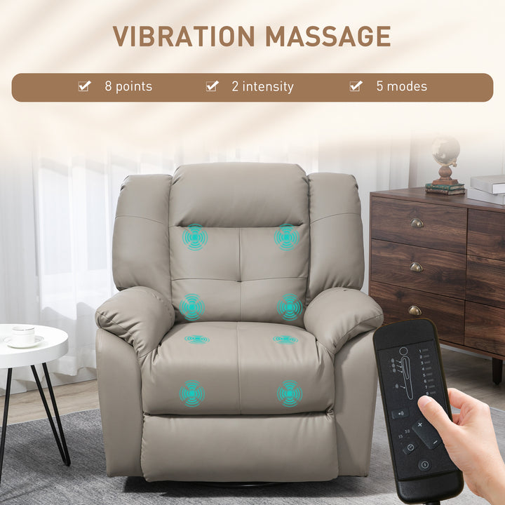 HOMCOM 8-Point Vibration Massage Recliner Chair for Living Room, PU Leather 360° Swivel Manual Reclining Sofa Rocking Chair with Remote Control, Side Pockets, Grey