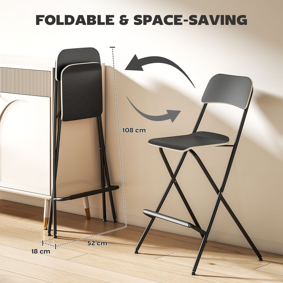 HOMCOM Folding Bar Stools Set of 2, Counter Height Foldable Stool with Wooden Effect Seat and Steel Frame for Kitchen, White