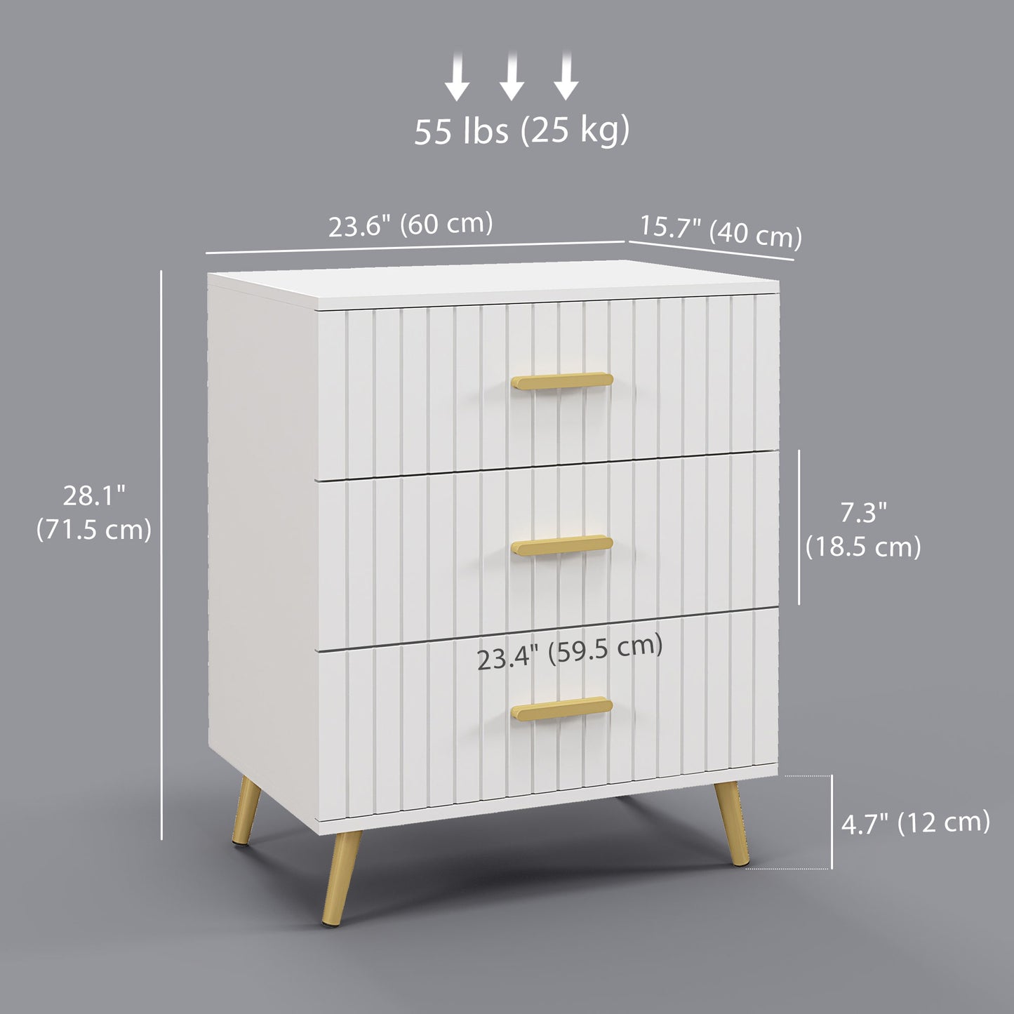 HOMCOM 3 Drawer Cabinet, Drawer Chest for Bedroom, Chest of Drawers with Aluminium Legs and Gold Handles, Dark Grey