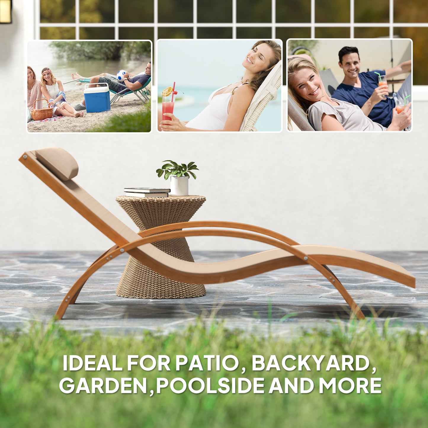 Outsunny Outdoor Wood Chaise Lounge Chair Recliner Patio Camping with Headrest, Teak & Black