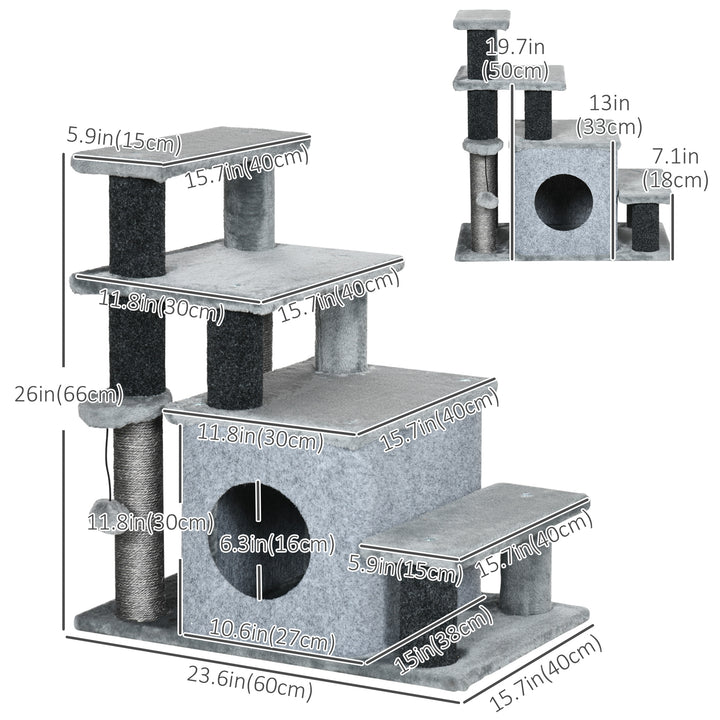 PawHut Cat Stairs Pet Steps for Couch Bed with Scratching Posts Condo Ball Toy, 23.6" x 15.7" x 26", Grey