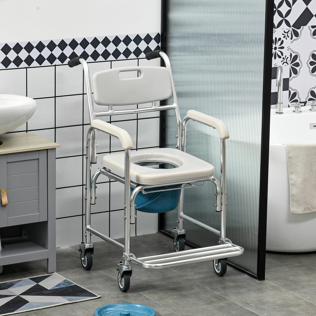 HOMCOM 3-in-1 Shower Commode Wheelchair, Transport Beside Commode Chair with Padded Seat for the Elderly, Disabled