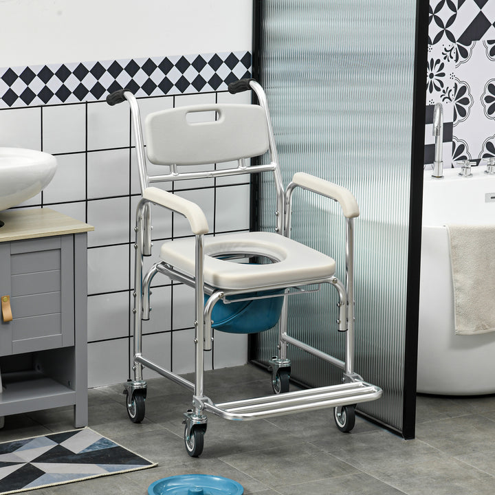 HOMCOM 3-in-1 Shower Commode Wheelchair, Transport Beside Commode Chair with Padded Seat for the Elderly, Disabled