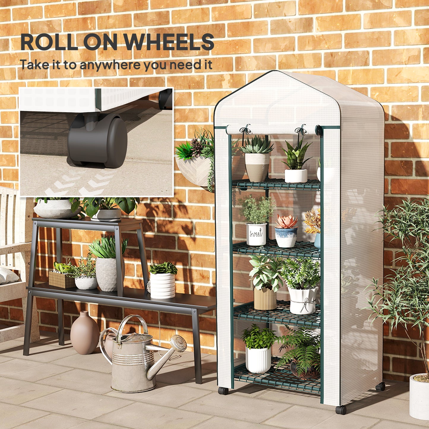 Outsunny 27" x 20" x 65" Portable Greenhouse with 4 Tier Shelves and Wheels, Outdoor Hot House Plant Flower Greenhouse, Steel Frame, Plastic Cover, Clear