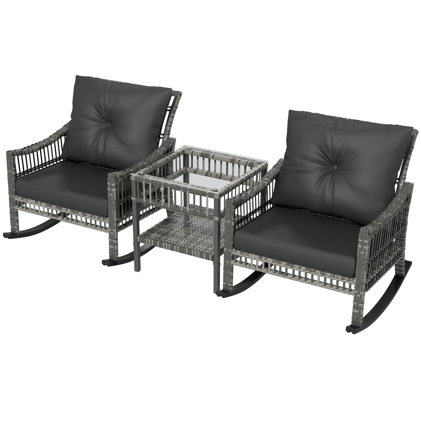 Outsunny 3 Pieces Outdoor PE Rattan Rocker Chair Set, Rocking Chair with Tempered Glass Table Top,25"x26"x28", Turquoise Green