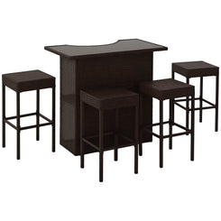 Outsunny 5 Pieces Patio Bar Set, Outdoor PE Rattan Wicker High Top Outdoor Table and Chairs Outdoor Bar Set with Tempered Glass Top Bar Table and Shelves, 4 Bar Chairs, Dark Brown