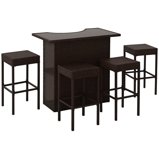Outsunny 5 Pieces Patio Bar Set, Outdoor PE Rattan Wicker High Top Outdoor Table and Chairs Outdoor Bar Set with Tempered Glass Top Bar Table and Shelves, 4 Bar Chairs, Dark Brown