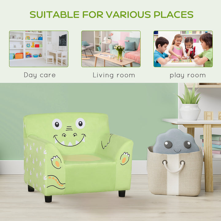 Qaba Kids Sofa, Armrest Chair for Preschool, Toddler Couch for Kids Room, Kindergarten with Cute Animal Print, Super-soft Velvet, Eucalyptus Wood, Green