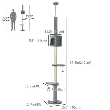 PawHut 4-Tier Floor to Ceiling Cat Tree, Tall Cat Tower with Scratching Post, Plush Padding, Toy Ball, Cat Condo for Indoor Cats, Light Grey