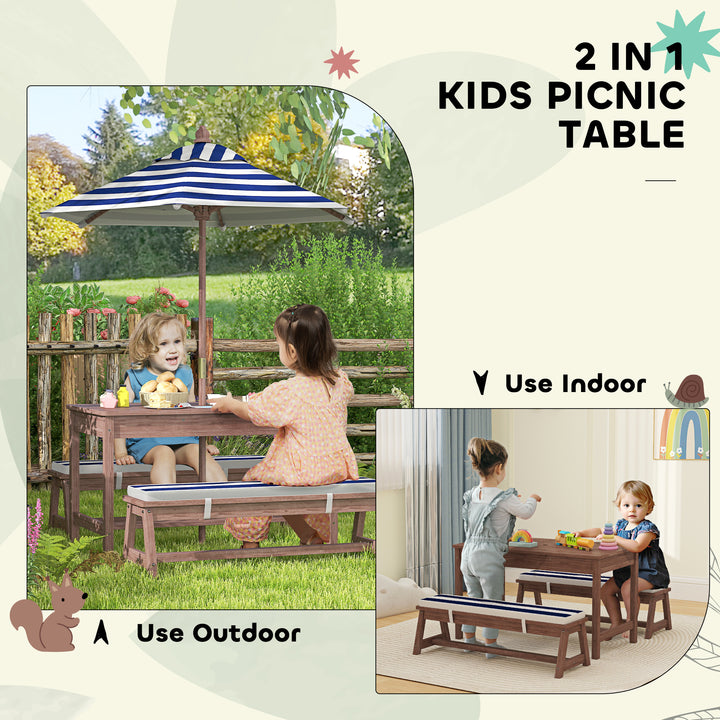 Qaba Wooden Kids Picnic Table & Bench Set with Removable Umbrella, Cushions, for Garden, Backyard, Patio, Navy Blue