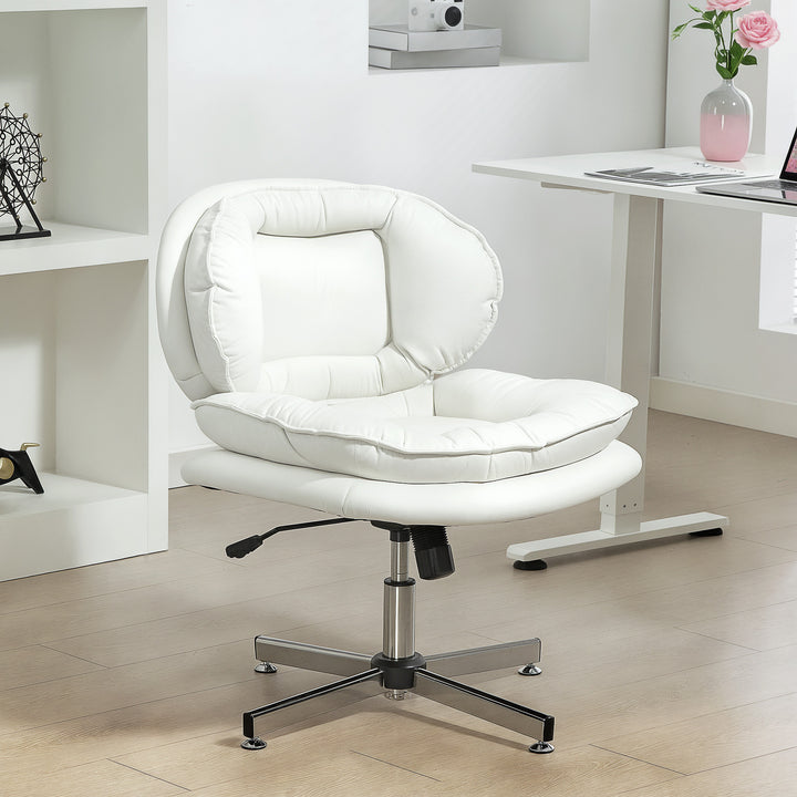 HOMCOM Criss Cross Chair, Armless Wide Office Chair with Leathaire Upholstery, Tilting, No Wheels, White