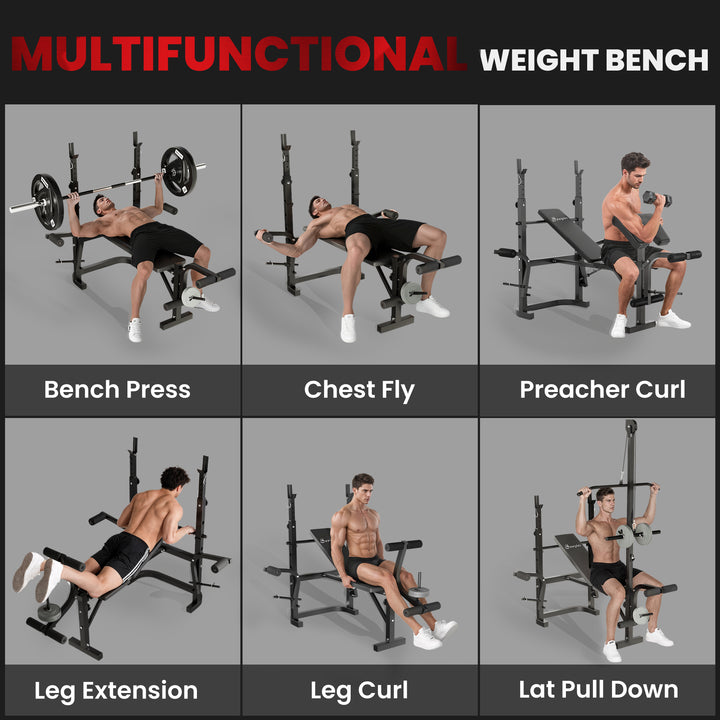 Soozier Adjustable Weight Bench with Bench Press Rack, Preacher Curl Bench, Leg Extension and Lat Pull Down