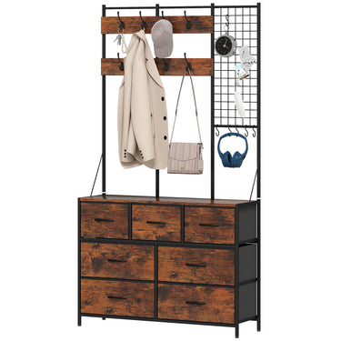 HOMCOM 4-In-1 Coat Rack with 7 Drawer Fabric Dresser, Hall Tree with 14 Hooks for Hallway, Entryway, Bedroom, Rustic Brown