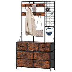 HOMCOM 4-In-1 Coat Rack with 7 Drawer Fabric Dresser, Hall Tree with 14 Hooks for Hallway, Entryway, Bedroom, Rustic Brown