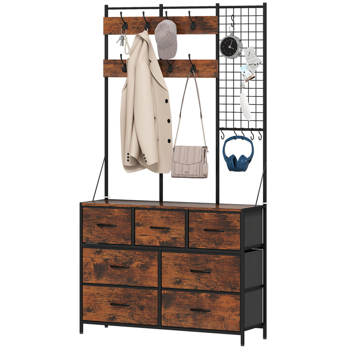 HOMCOM 4-In-1 Coat Rack with 7 Drawer Fabric Dresser, Hall Tree with 14 Hooks for Hallway, Entryway, Bedroom, Rustic Brown