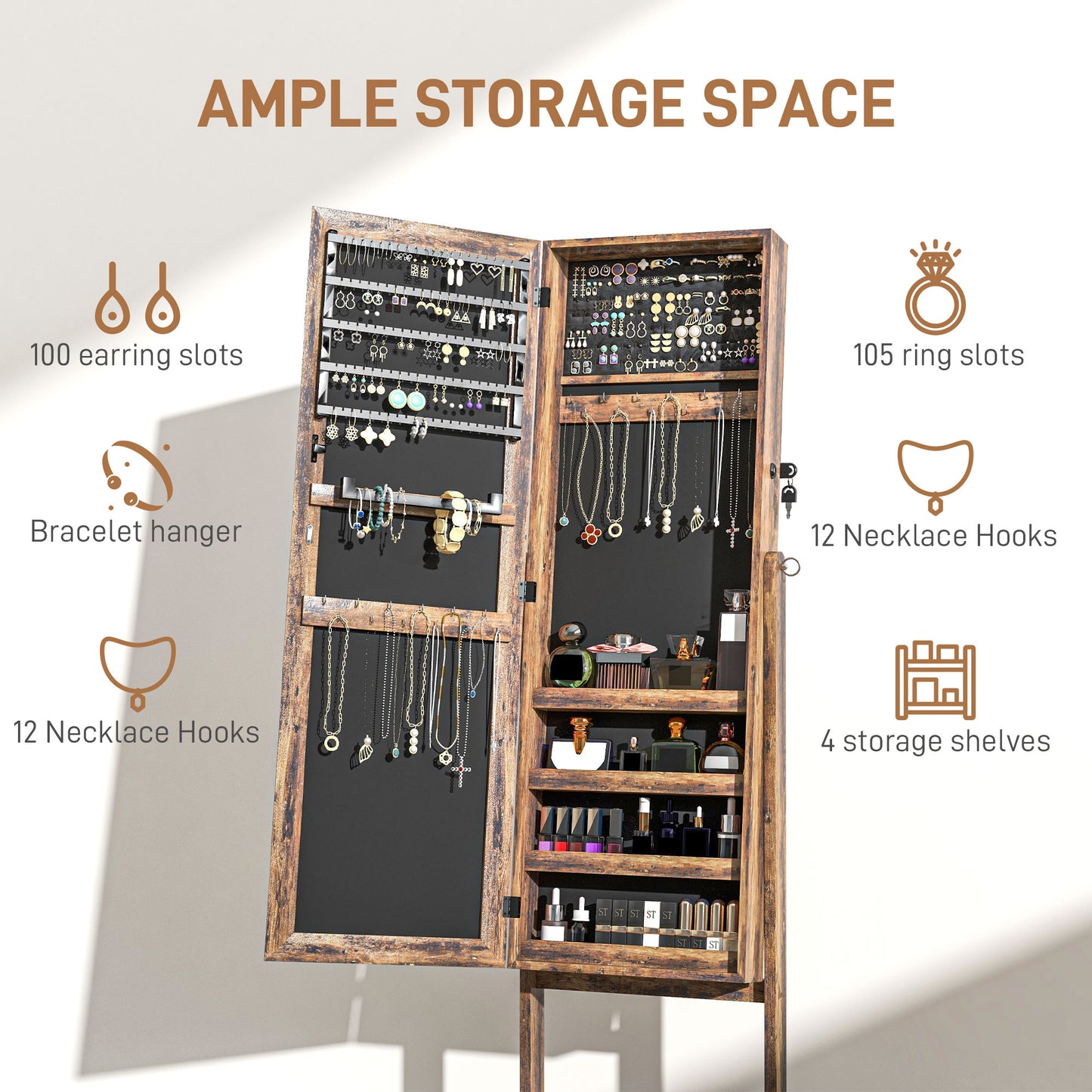 HOMCOM Mirror Jewelry Cabinet Armoire, Lockable Jewelry Organizer with Full-Length Mirror, 3 Angle Adjustable, Grey